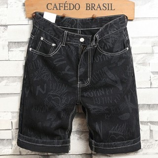 Phong Cách Mỹ In Hình Dạo Phố Quần Short Denim Nam Mùa Hè Mỏng Phong Cách Xù Đẹp Trai Cao Cấp Năm Điểm Crop Quần Nam Phong Cách Nam