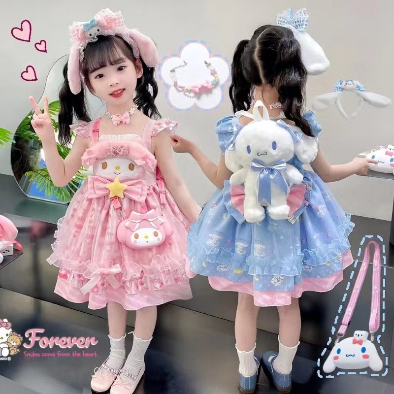 My Melody Cinnamoroll Kawaii Princess Dress For Kids Girl Children's Day Lolita Clothing Summer Cute