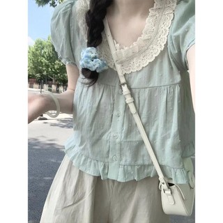 Áo sơ mi ngắn tay ren xanh bạc hà dành cho nữ