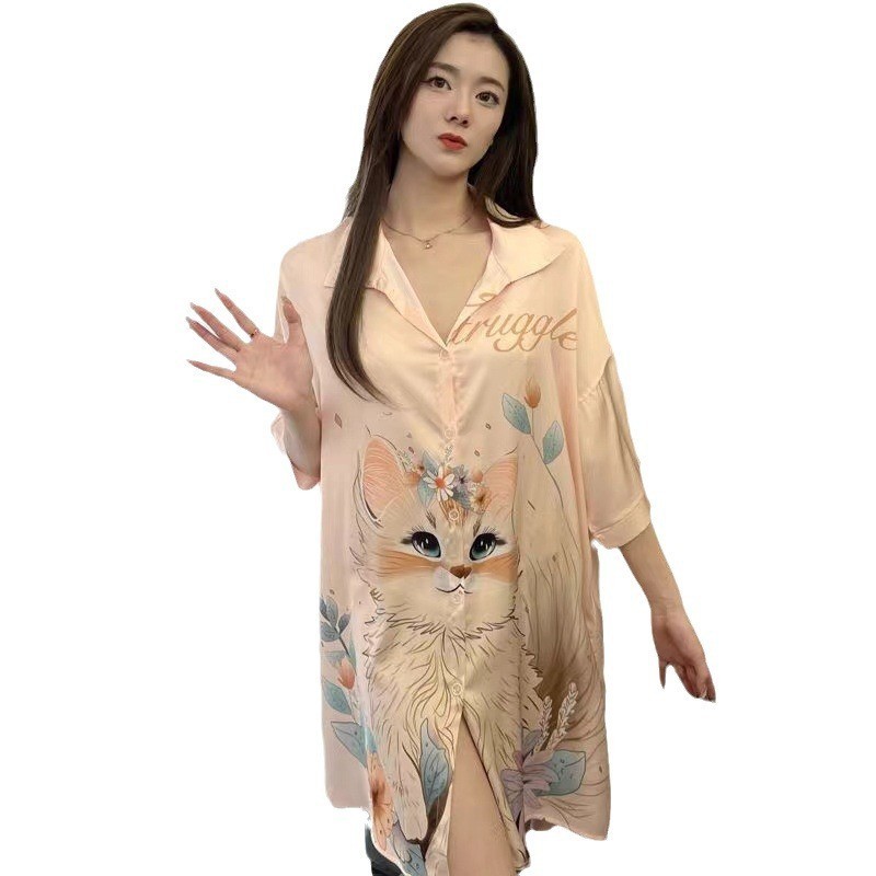 Váy Ngủ Lụa băng hoa nhí phong cách phương Tây váy ngủ áo sơ mi rộng rãi phong cách Instagram thuần khiết mẫu dài vừa dễ thương nổi tiếng trên mạng mẫu hè cho nữ