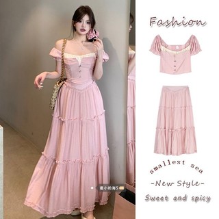 Set Màu Hồng Aó Cổ Vuông Ngắn Tay Váy Dài Cạp Cao Ngọt Ngào Bộ Aó Và Váy Mùa Hè Cho Nữ