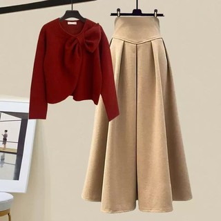 Qihao Bộ Đồ Mùa Đông Nữ Phong Cách Mới Plus Size Nữ Áo Len Nơ Thời Trang Thường Ngày Phù Hợp Với Váy Hai Mảnh Phù Hợp Với#7.31#
