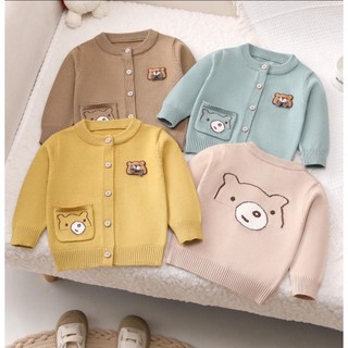 Áo khoác len mặt gấu, áo khoác len cổ tròn cho bé trai, bé gái