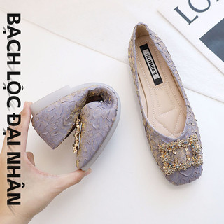 Flat slip-on vuông khóa nông gấp gót thấp giày lười gió cổ tích đế mềm giày đơn dành cho nữ