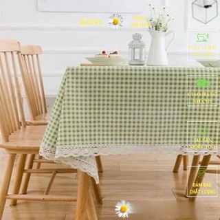   Caro xanh lá  Khăn trải bàn vải canvas họa tiết kẻ nhí xanh lá VIỀN REN phong cách Nhật Bản nhẹ nhàng vintage 