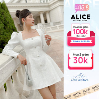 Váy dạ tweed nhũ tiểu thư cổ vuông alice dáng xoè có gắn cúc đá, tay bồng thanh lịch, điệu đà v886