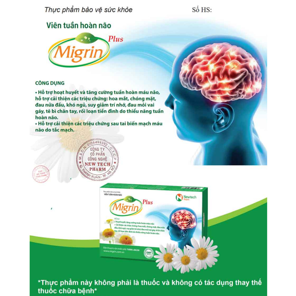 Migrin Plus - Hoạt huyết dưỡng não, giảm đau nửa đầu, thiếu máu não, tuần hoàn não (20 viên) - Vitap