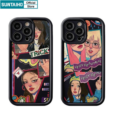 Suntaiho Thẩm Mỹ Dễ Thương Vỏ Điện Thoại Họa Tiết Anime Cô Gái Cho Iphone 15 14 13 12 11 Pro Max IP 7 8 Plus Iphon X Xs XR Xs Max Silicon Mềm Cao Cấp Chống Sốc Ốp Lưng
