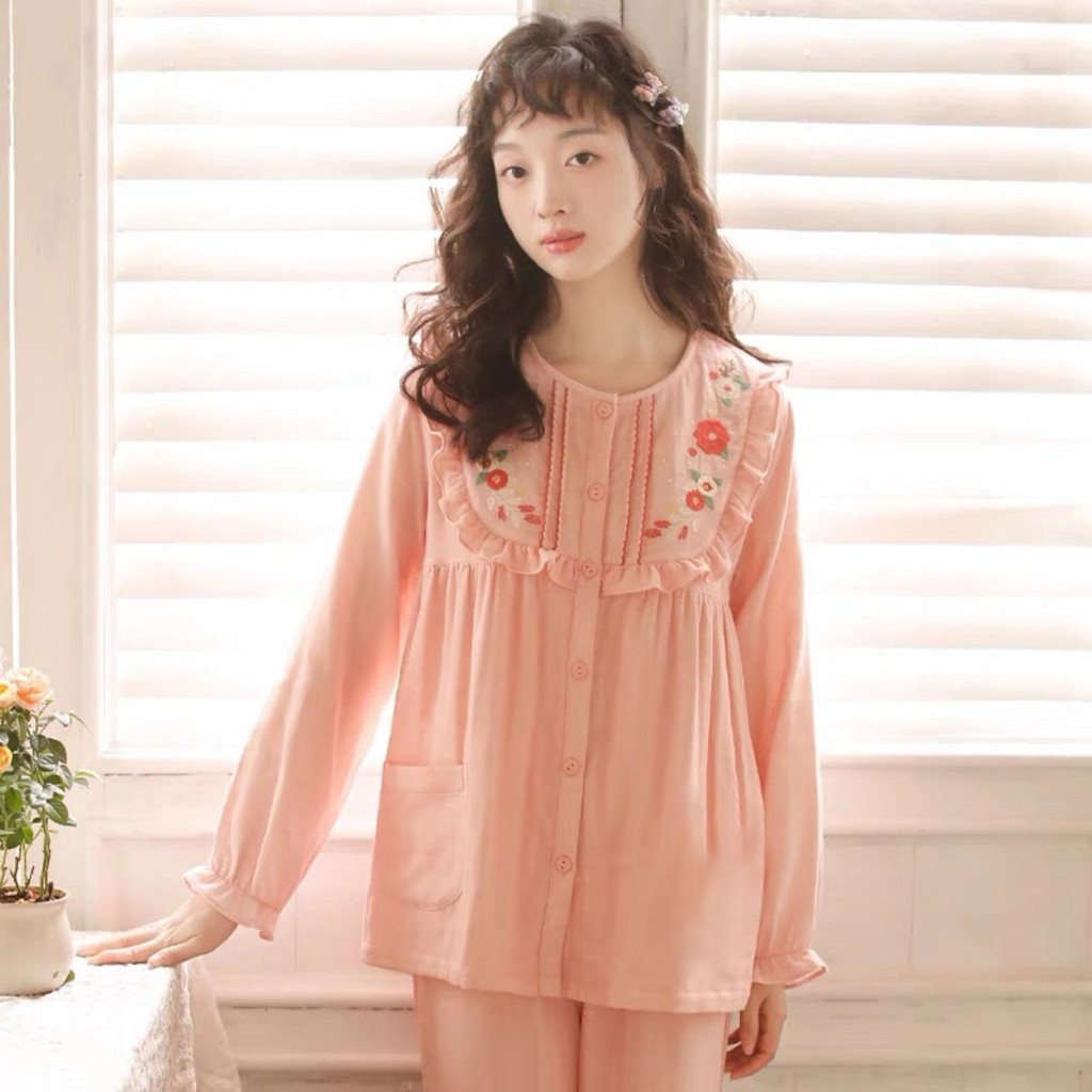 Nhật Bản Ngọt Ngào Phong Cách Công Chúa Thêu Homewear Nữ Bộ Đồ Ngủ Mùa Thu Dài Tay Cổ Tròn Mùa Xuân Thu Cotton Nguyên Chất Gạc Mỏng Phù Hợp Với 9.6 | BigBuy360 - bigbuy360.vn