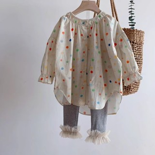 [Khuyến mãi mùa thu] Bộ quần áo trẻ em Hàn Quốc cho bé gái, áo dài tay, bộ đồ màu xuân thu cho bé gái, áo sơ mi rộng rãi chấm bi phong cách Hàn Quốc, quần ren nữ, hai mảnh 5