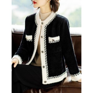 Áo khoác Cardigan màu tương phản Phong cách mới Lông cừu chồn nổi tiếng Áo ngoài sang trọng