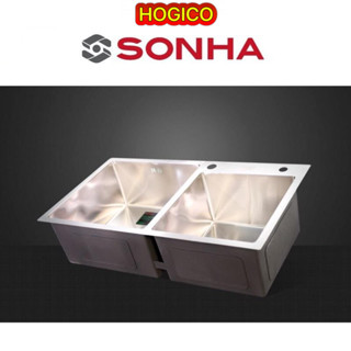 Chậu inox Sơn Hà Premium 2 hố lệch HM.X.2L.82.2.2, chậu rửa chén bát CHÍNH HÃNG