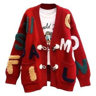  Áo len in màu đỏ áo khoác cardigan dệt kim dáng rộng phong cách lười biếng cỡ lớn thời trang dành cho nữ 