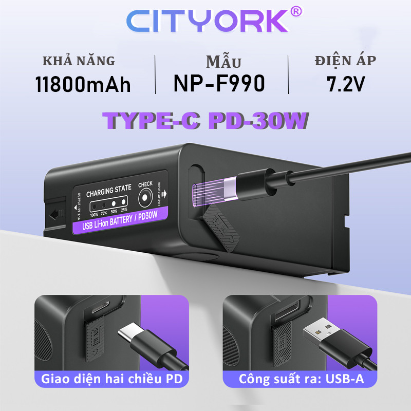 Pin máy ảnh CITYORK NP-F990 11800mAh có đèn báo nguồn LED cho Sony F960 F550 F750 F770 MC1500C