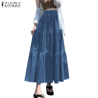 Zanzea Nữ Hàn Quốc Thắt lưng co giãn dáng rộng chữ A đến mắt cá chân Váy dài