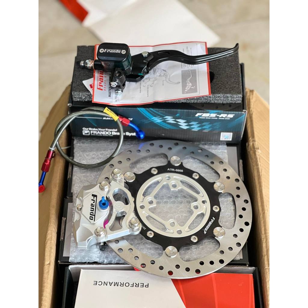 [ Full combo 5 món ] Đĩa Frando 260mm đi mâm 4 lỗ + heo Frando 2pis bạc + dây dầu Morin xám + tay th