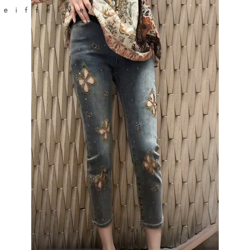[Eiffelve]🤳 Quần Jean Nữ Năm 2025, Thiết Kế Thêu Rỗng và Ôm Dáng Crop, Phù Hợp Mặc Thời Trang