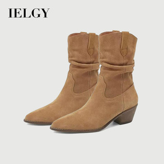IELGY 2025 Giày Nữ Giày Bốt Nữ Plus Size Mũi Nhọn Nhăn Bootie Phong Cách Anh Quốc Giữa Gót