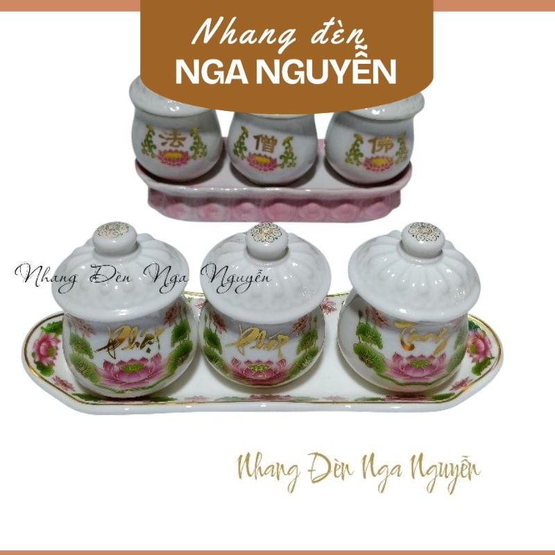 Bộ 3 chung ly thờ cúng sen hồng Phật Pháp Tăng - Kho sỉ Nhang Đèn