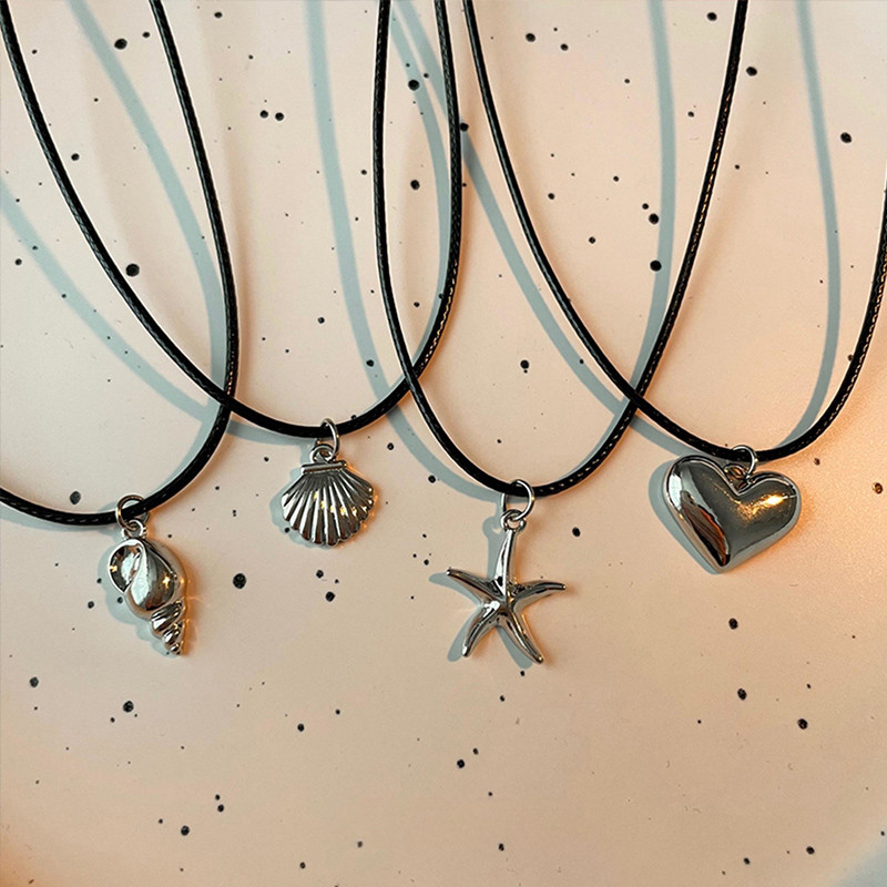 Heart Pendant Necklace Sweet Cool Leather Rope Necklace Women Silver Starfish Collarbone Chain