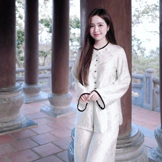   Tri ân cả set  Pháp phục lụa gấm tơ tằm đuôi công trắng nút ngọc cao cấp mềm mịn mát  tặng chuỗi vòng tay đá hoặc gỗ  