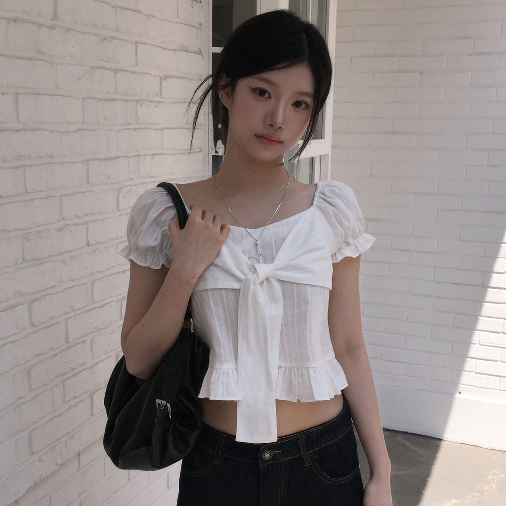 Kii Wii Áo sơ mi nữ phong cách Hàn Quốc với chi tiết nơ và xếp ly ngọt ngào 250808 | BigBuy360 - bigbuy360.vn