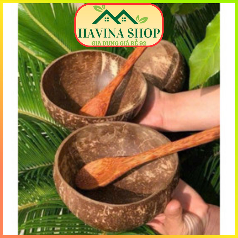 Chén gáo dừa (Bát gáo dừa) + Muỗng gỗ dừa được làm từ 100% gáo/gỗ dừa tự nhiên -HAVINA SHOP