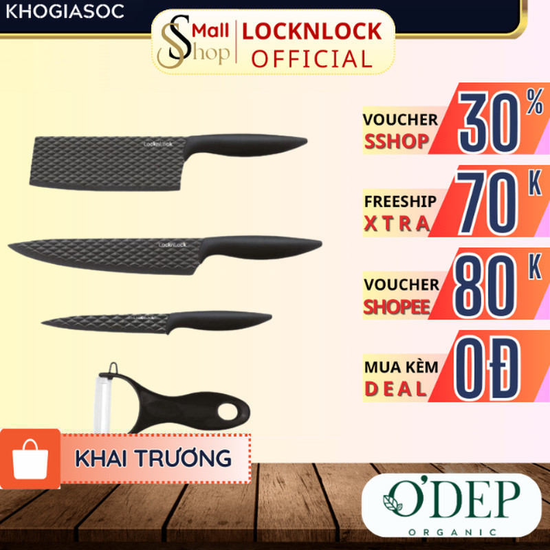 Bộ dao 4 món LocknLock, chống dính, chất liệu thép không gỉ (3 dao 1 bào) - Màu đen CKK104S4 - SSHOP