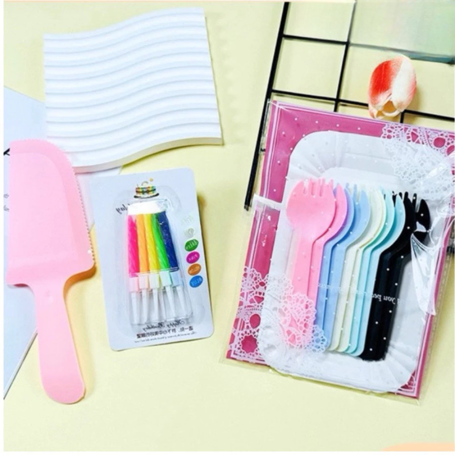 Bộ 10 Dĩa Nĩa Nến ăn sinh nhật - Bộ 10 dĩa 10 nĩa 10 nến 1 dao ăn bánh kem, tổ chức sinh nhật PK47
