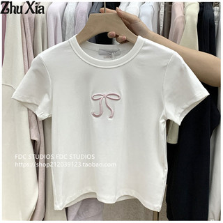 Zhu Xia Áo Thun Nữ Đường Phố Mỹ Cổ Tròn Nơ Áo Sơ Mi Tay Ngắn Mùa Hè Ngắn Thẳng Vai Áo Thun rốn