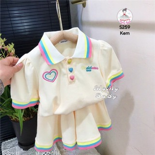 Set polo quần giả váy thun cúc tim Love sọc hồng xanh vàng, thời trang trẻ em, váy đầm bé gái, đầm trẻ em từ 8-24kg