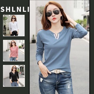 Áo thun Cotton dài tay cổ chữ V dáng rộng mùa xuân thu dành cho nữ