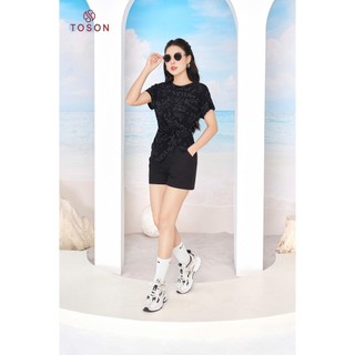 Áo sequin đen in chữ, gấu chéo xếp nhún AP145B94 - TOSON