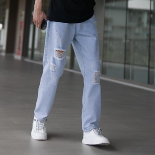 Quần jean nam nữ rách dáng baggy suông màu xanh trắng nhạt mài rách xước gối đùi đẹp 0504 049