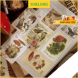 Set 60 tem dán Vintage hình thực vật, động vật - Sticker tem trang trí sổ tay, thiệp