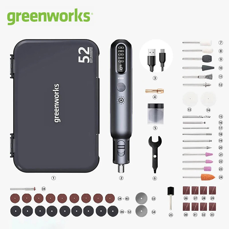 Greenworks 8V Máy Xay Mini Không Dây Dụng Cụ Xoay 52 Chiếc 80W Máy Mài Điện Khắc Tốc Độ Biến Đổi Pin Lithium Dụng Cụ Điện