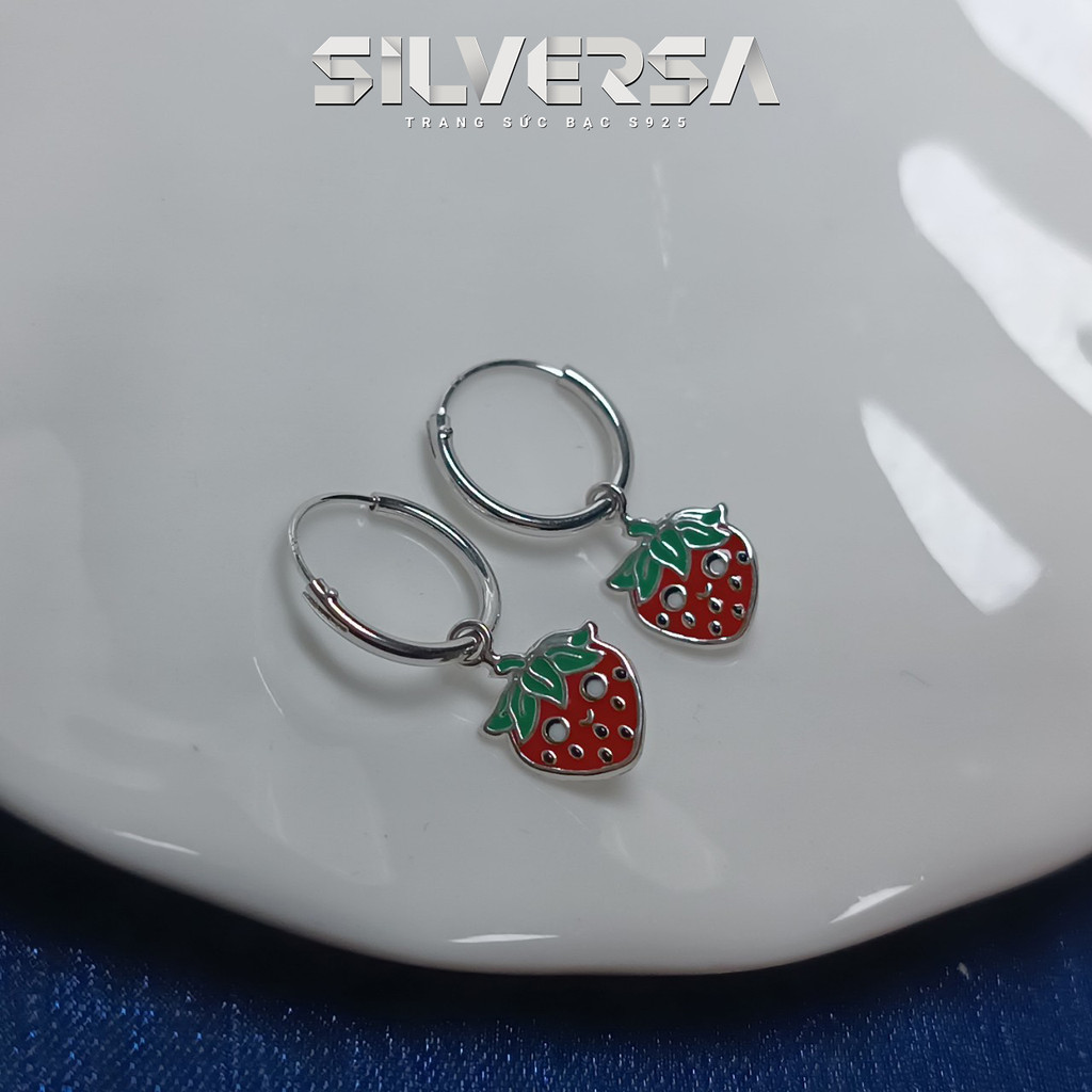 Khuyên Tai Tòng Teng Thả Charm Quả Dâu Tây Bạc 925 Mạ Rhodium SILVERSA E77 - Bông Tai Bạc Xinh Cho B