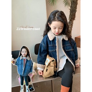 Áo khoác bò cho bé gái áo bông thu đông giả lông thỏ Áo khoác cotton denim phong cách Tây lót nhung trẻ em áo bông dày phong cách Hàn Quốc