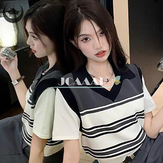 Ming mùa hè retro sọc dệt kim t-shirt phụ nữ hàn quốc preppy ve áo ngắn tay crop top th