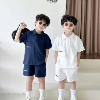  Set polo cộc tay thêu hình cá tính, chất liệu cotton cá sấu cho bé trai 8-27kg TH24B073