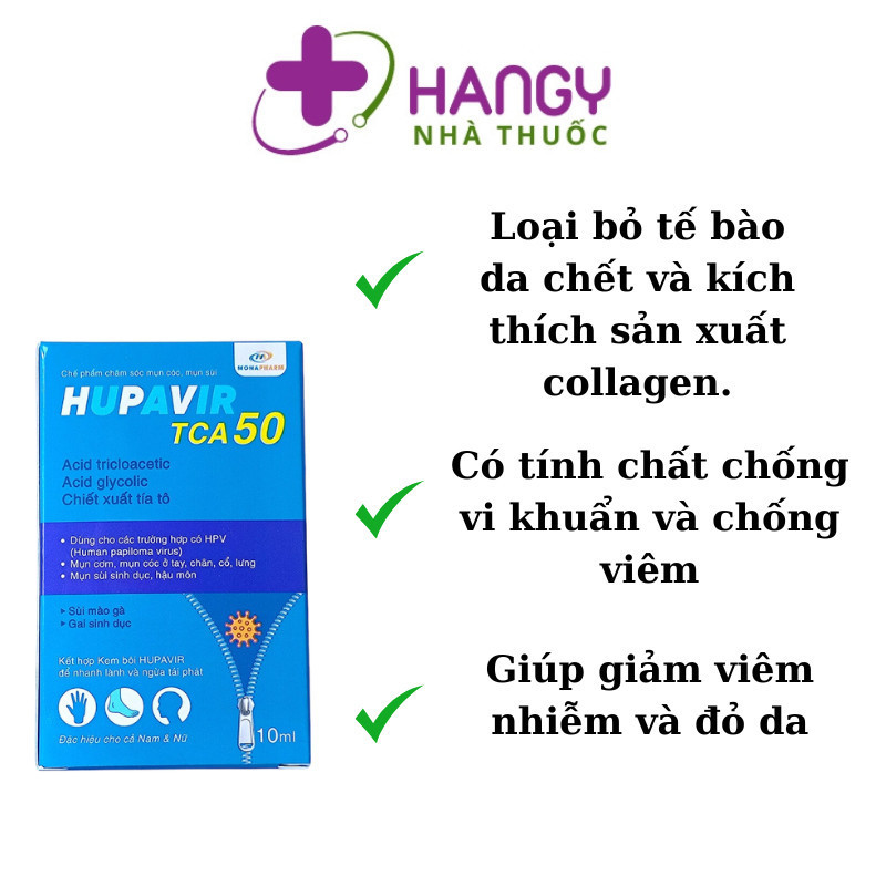 Dung dịch chấm lên da giúp giảm mụn cóc, sùi mào gà, gai sinh dục HUPAVIR TCA 50% (Lọ 10ml) - Hangy