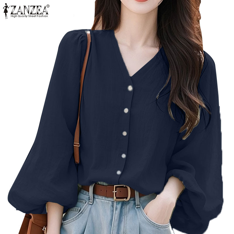 Zanzea Nữ Hàn Quốc Cổ Chữ V dáng rộng Nút áo dài tay màu trơn | BigBuy360 - bigbuy360.vn