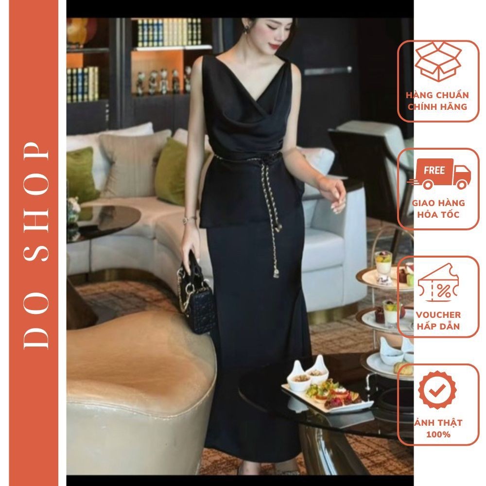 Set lụa thiết kế dự tiệc sang chảnh (kèm dây hoa) mã L6 - Set lụa áo cổ đổ chân váy dài thanh lịch