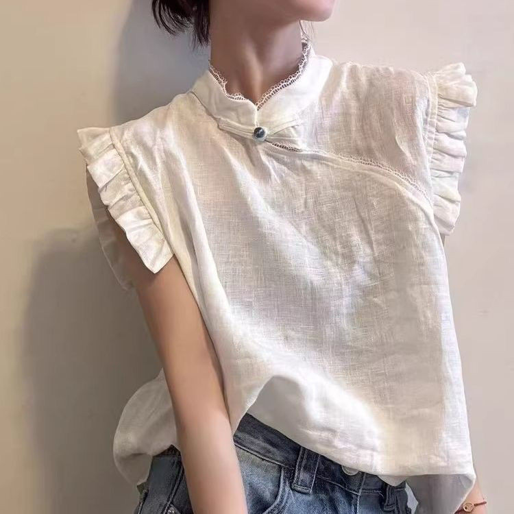 Áo Sơ Mi Tay Ngắn Cho Nữ Mùa Hè Mới Phối Ren Màu Sắc Đồng Nhất Phong Cách Trung Quốc