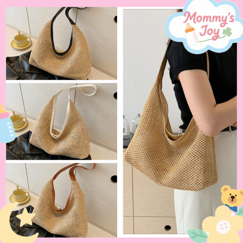 Túi Dệt Tay Nữ，Túi cói đi biển Túi tote lưới ，phối quai da đeo vai，Mới Phổ Biến Đi Biển Kỳ Nghỉ Túi