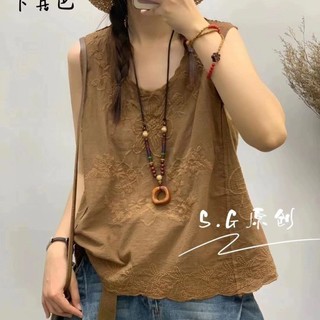 Yuewen Xuân Hè Phong Cách Mới Cotton Nguyên Chất Công Nghiệp Nặng Thêu Áo Chui Đầu Áo Nữ Rời Ôm Hơn Nhìn Li