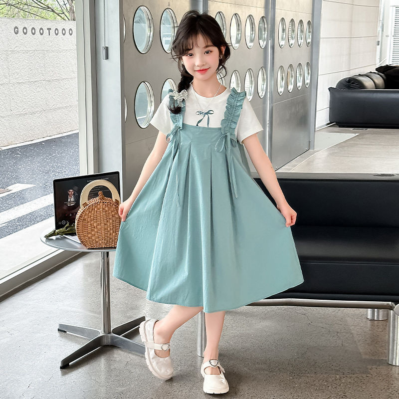 Váy bé gái 3-14 tuổi, Bộ váy trẻ em, Váy thường ngày thời trang bé gái, Váy dây đeo mùa hè cho trẻ em, Váy ngắn tay phiên bản Hàn Quốc dành cho trẻ em