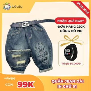 Quần jean bé trai quần bò mềm ống dài cho trẻ em IN CHỮ 001 thiết kế rách phong cách Quảng Châu 8-26Kg by BÉ XÍU Q108