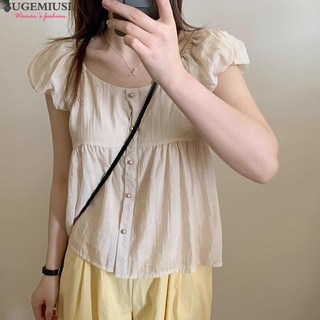 Sugemiusi [Tay nghề chính hãng] Nút thiết kế ngọt ngào Áo sơ mi nhỏ nữ mùa hè Phong cách mới Áo sơ mi trẻ em sang trọng hàng đầu