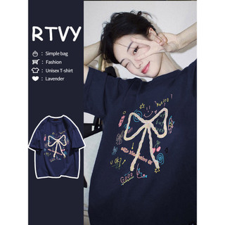 「RTVY」Áo thun ngắn tay in hình con bướm màu xanh hải quân mùa hè cổ tròn Cotton nguyên chất